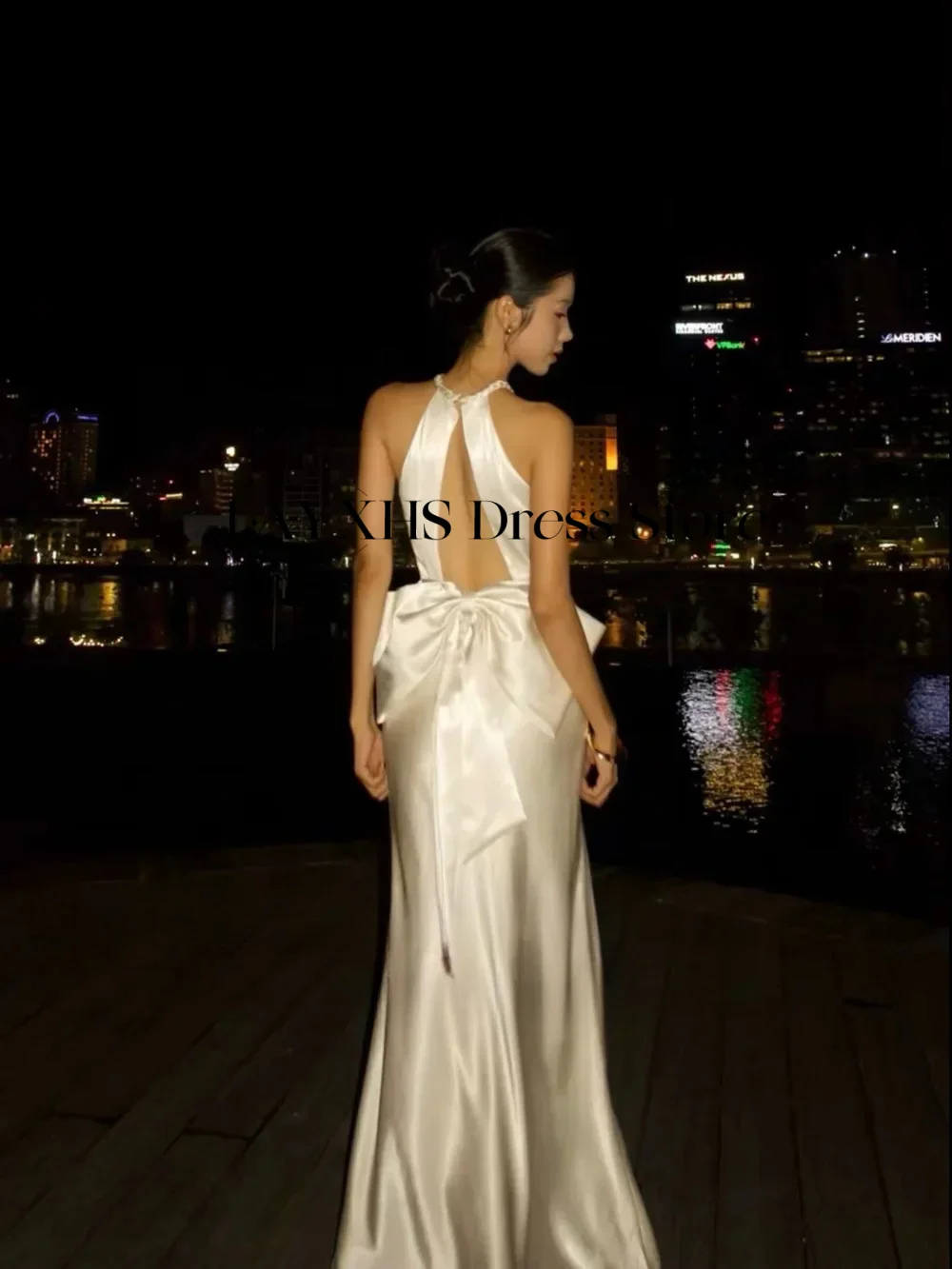 Elegant Halter Wedding Dresses Mermaid Korea Photo shoot Silk Satin Champagne Formal Evening Party Dress Customized 웨딩드레스