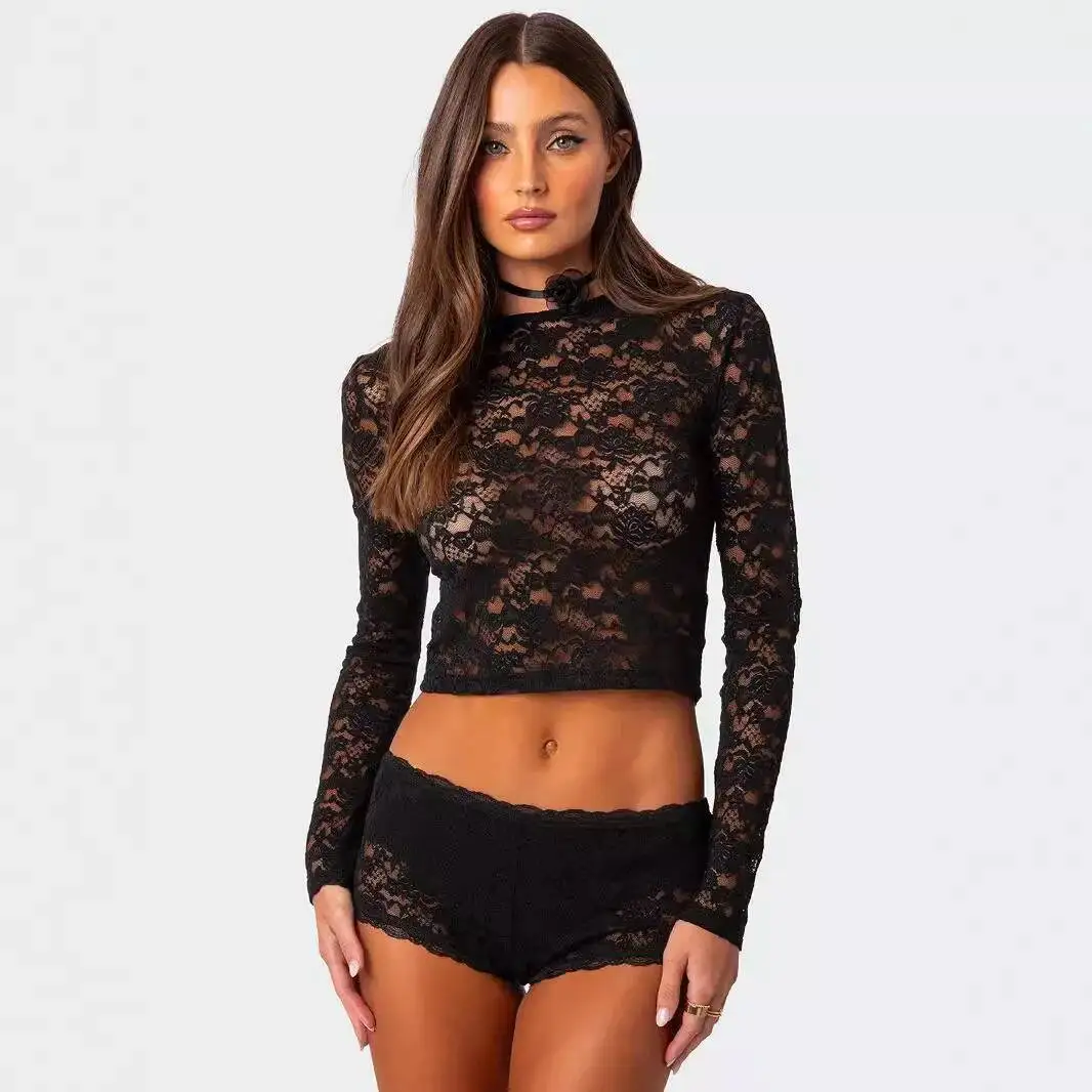 

Сексуальный кружевной короткий топ 2025 года, красивая тонкая рубашка с длинными рукавами для девочек, лето для женщин