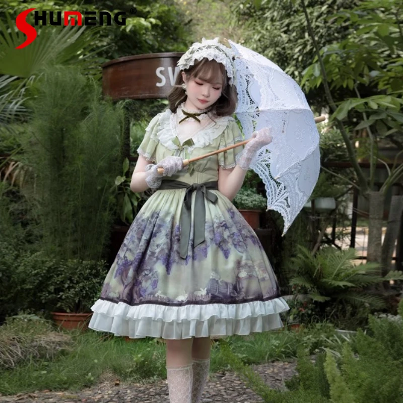 

Sweet Lolita Op Dress Vestidos Women Vintage Lace Bow Bunny Grape Print Princess Dresses Girls Cosplay Evening Party Dress