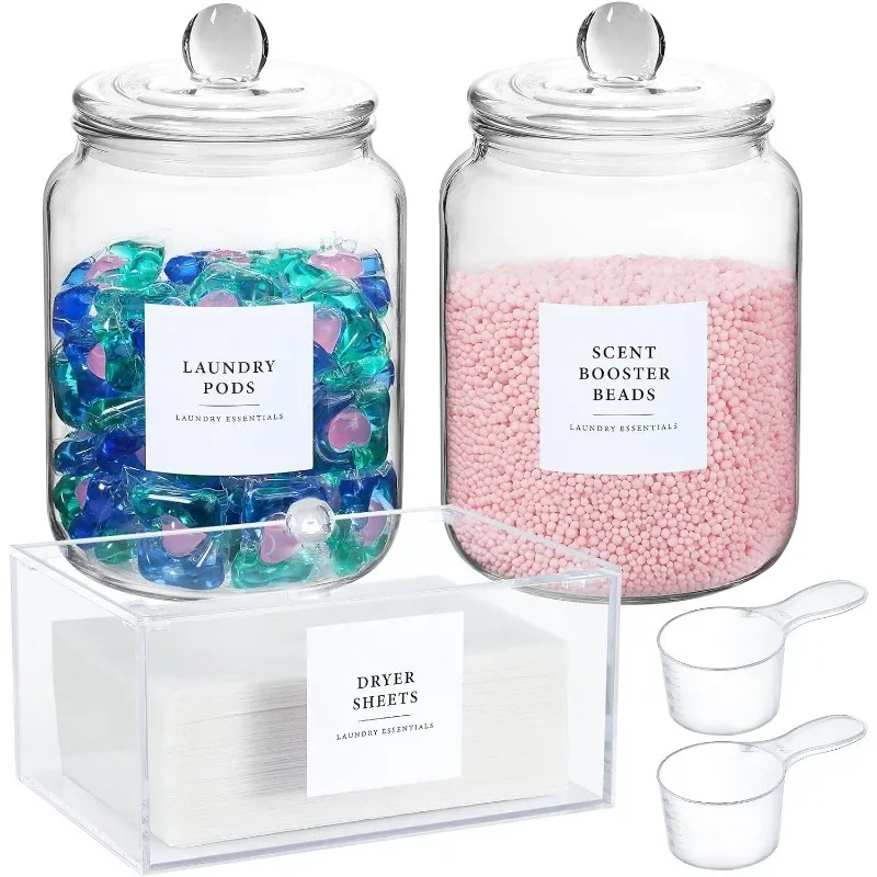 

Glass Jars and Dryer Sheet Holder, Dispenser Set with Lids and Labels, Containers for Laundry Room Organization and Storage