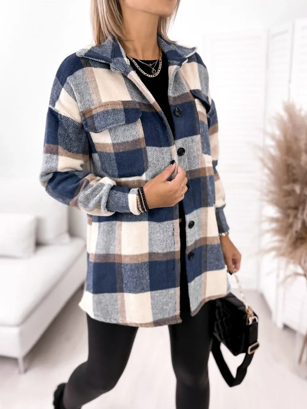 Women\'s S-2XL size new long sleeved single breasted plaid printed shirt collar woolen jacket tops camisas