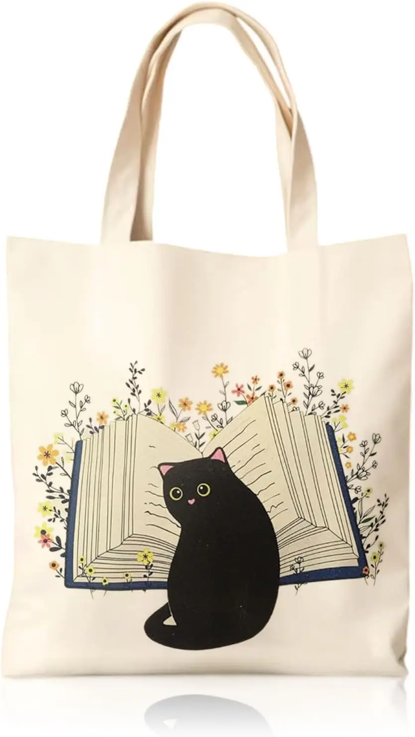 

Black Cat and Books Cartoon Tote Shopping Bags 30x35cm Tote Bag Reusable Handbag Women Shoulder Cloth Pouch Foldable