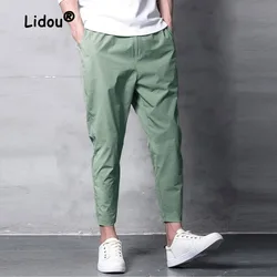 Summer Loose Fashion Solid Color Pockets Pants Men Korean Trend Slim-fit Stretch Street Casual Black Versatile Trousers