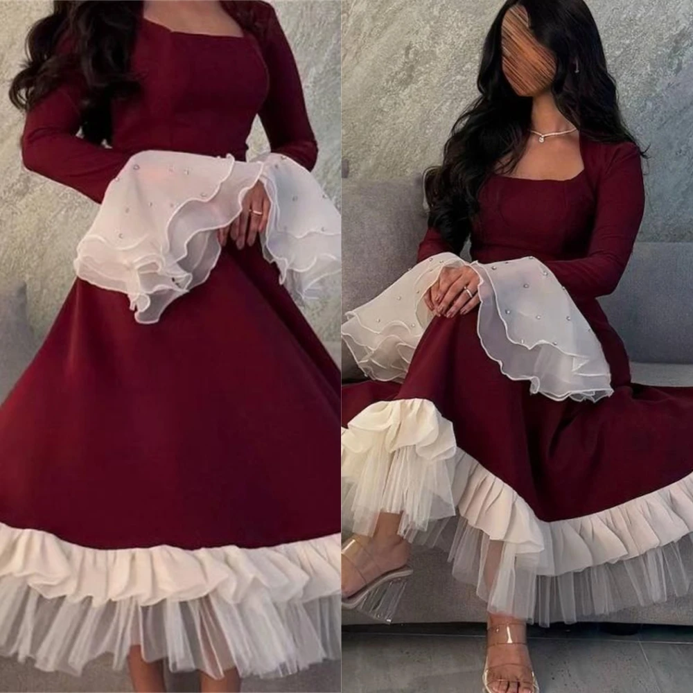 Customized Square Collar Flare Sleeves Jersey A-Line Evening Dress Luxury Party Dresses Delicate Special Occasion Gowns