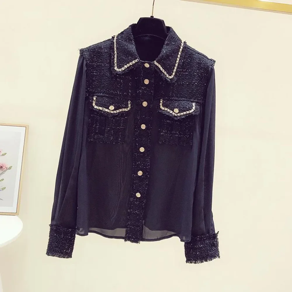 Retro Small Fragrance Wind Woman Blouse Tweed Splice Shirt Womens Clothing 2024 Spring Autumn New Design Chiffon Top