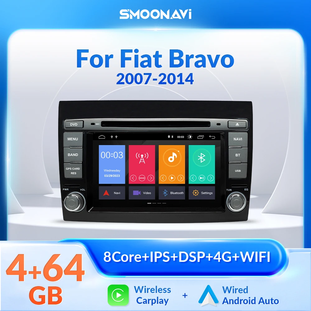 4GB 64GB Wireless Carplay Android 12 Car DVD Player For Fiat/Bravo 2007 2008 2009 2010 2011 2012 GPS Auto Radio DSP IPS 4G Wifi