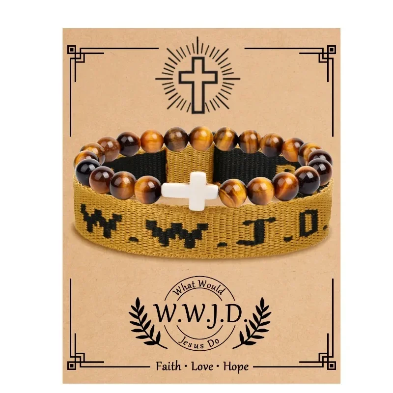 8mm Tiger-eye Stone/Purple Pink Crystal Bead Bracelets Multicolor Adjustable WWJD Cross Women Men Bracelet Friend Jewelry Sets