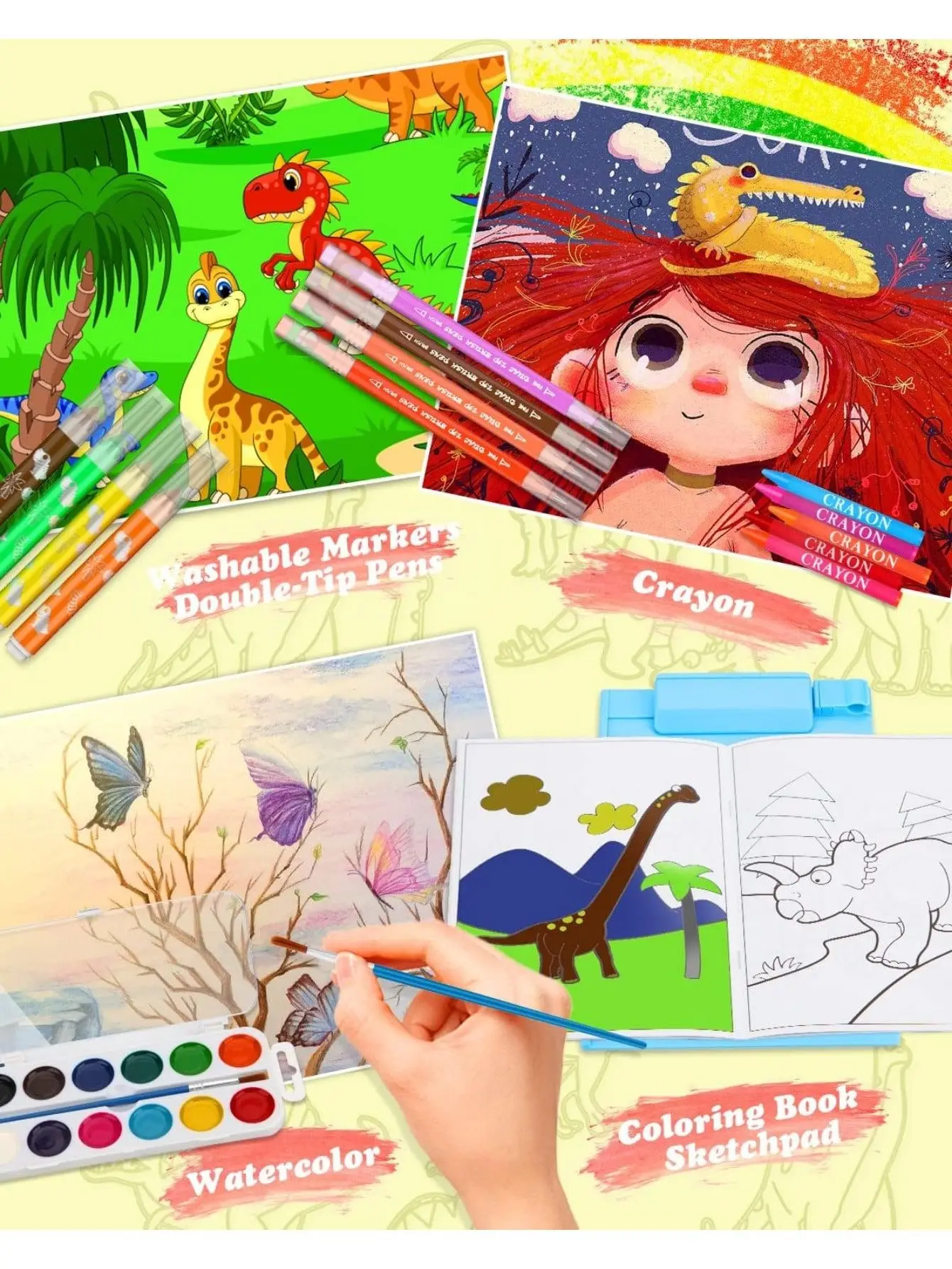 Caixa de arte de lápis aquarela de dinossauro - contém kit de arte de dinossauro suprimentos de arte lapis de cor infantil