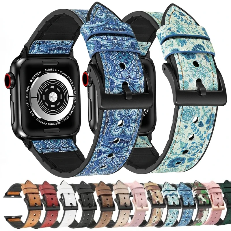 

Ремешок силиконовый и кожаный для Apple Watch Band 9 8 7 45 мм 41 мм, мужской/женский браслет для IWatch 6 5 4 SE 44 мм 40 мм 42 мм