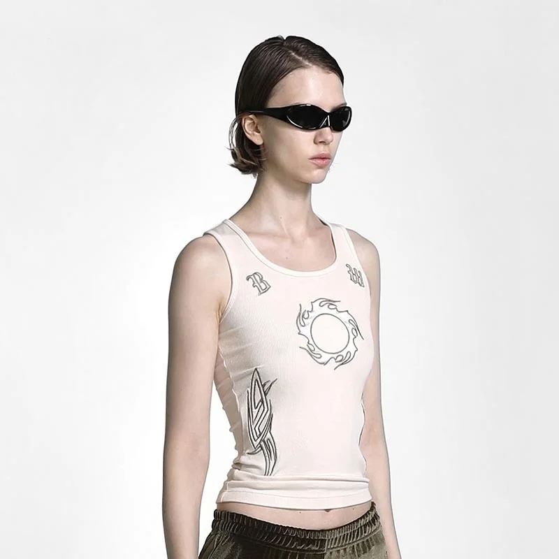 

Stylish Street Pattern Embroidered Slim Fit Sleeveless round Neck Vest Pure Color Summer New Arrival Women's T-shirt