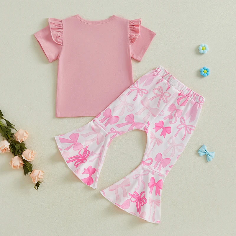 Girls Summer Outfits Stylish Short-Sleeve T-Shirt with Embroidered Letters and Elastic Bow Flare Pants - Adorable 2-Piece Set