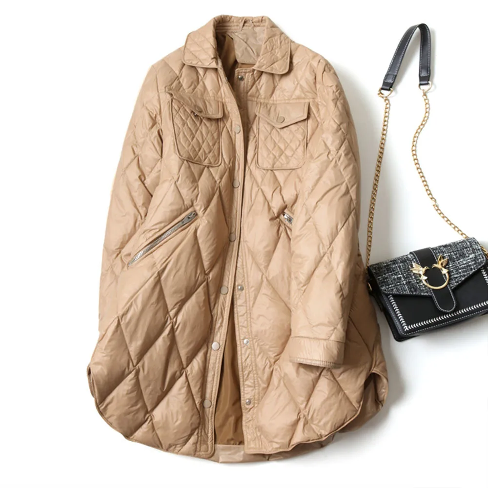 

2022 Winter New Women's Mid-length White Duck Down Filling Fashion Lapel Diamond Lattice European Loose Down Jacket