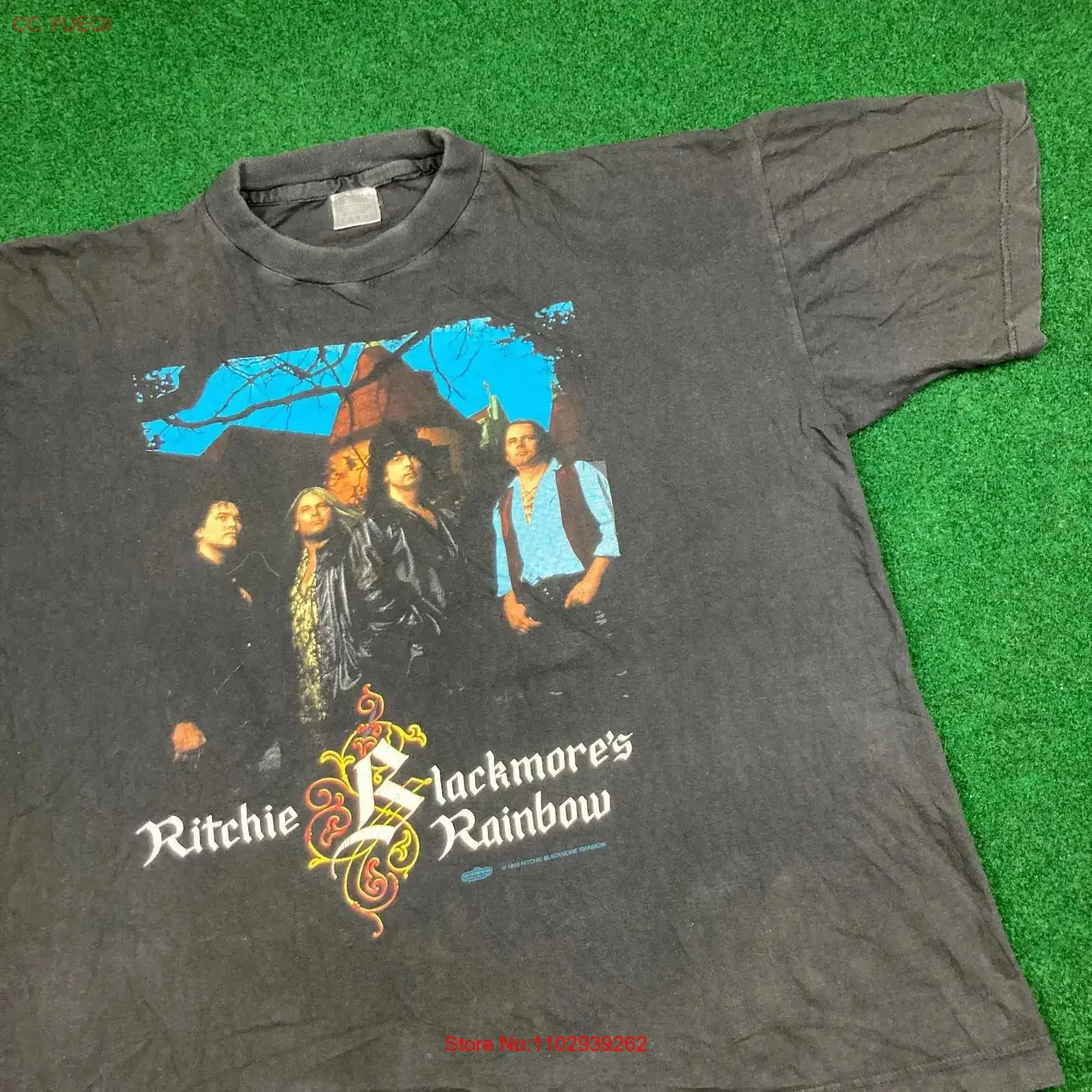Camiseta Vintage Ritchie Blackmores Rainbow Tour Masculina XL Preta 1995 Promoção da Banda Anos 90 Vintage Lavada Estilosa Unissex Ligeiramente Desgastada