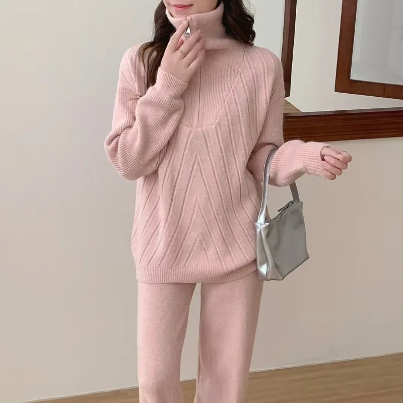 

Повседневный стиль, полуоткрытый воротник, трикотажные брюки на молнии, женский костюм, новинка 2025, осенне-зимние широкие брюки, женский комплект из двух предметов