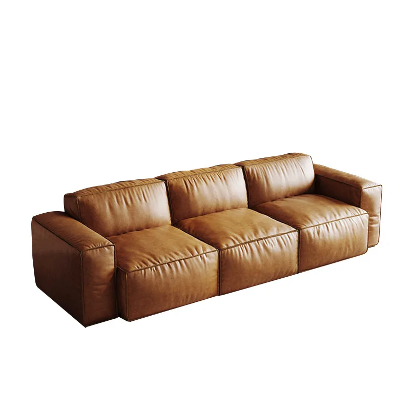 

Retro tofu block oil wax leather sofa retro all leather living room straight row sofa medium antique sofa combination