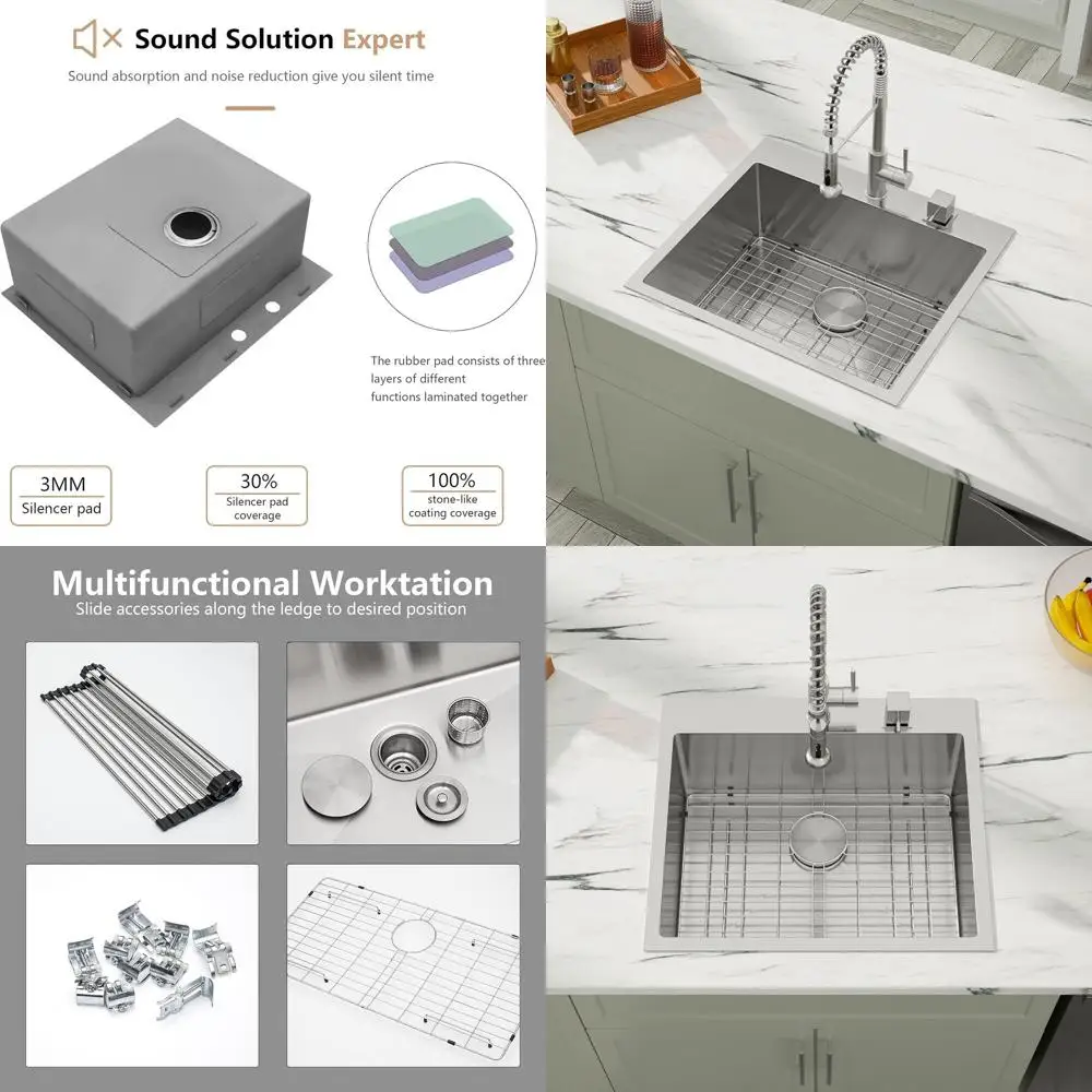 

Кухонная мойка из нержавеющей стали с одной чашей, 25 x 22 дюйма, для установки на столешницу, толщина 16 калибра, глубина 9 дюймов