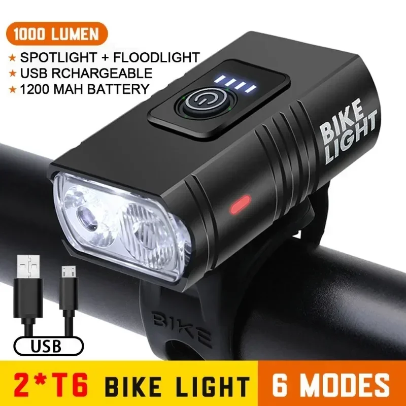 Bike Light T6 LED Bicycle Lights USB Rechargeable MTB Mountain Bicycle Lamp 1000LM 6 Modes MTB Flashlight Bicycle Headlight Lamp