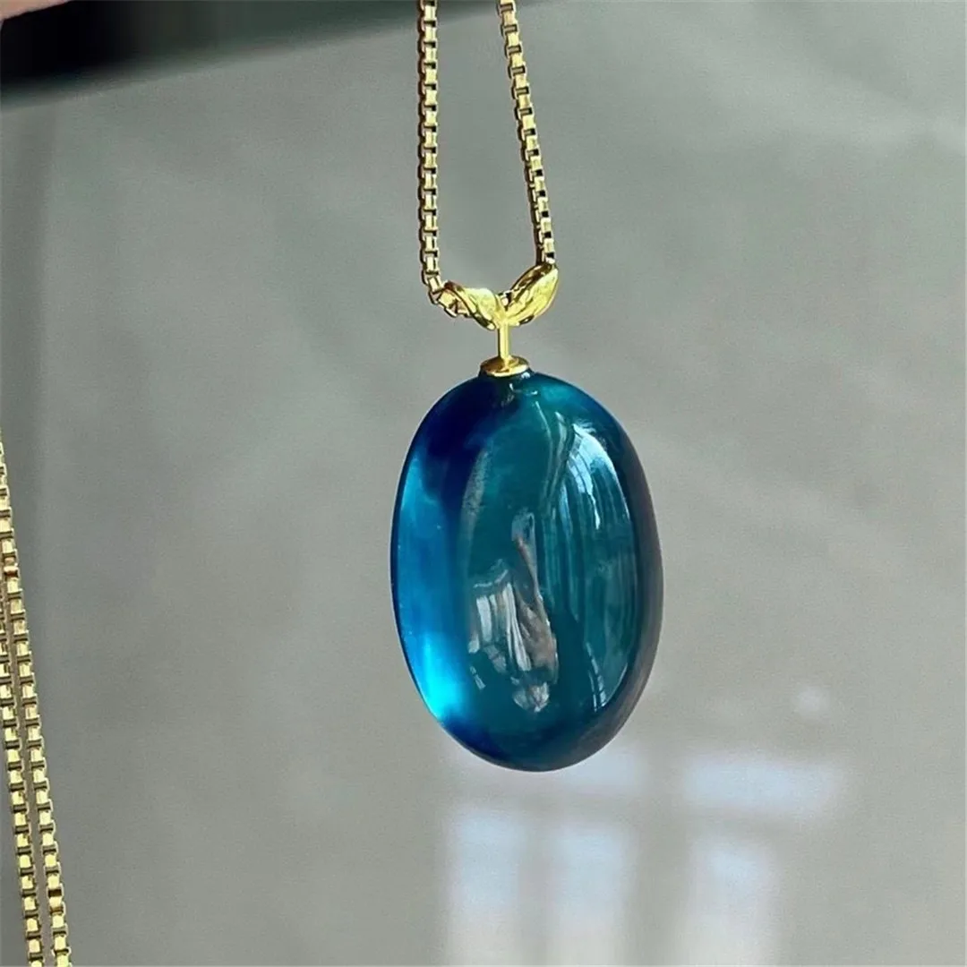 Natural Blue Aquamarine Pendant Necklace 18K Gold For Women Men Crystal Clear Gemstone 24x16mm Beads Stone Jewelry AAAAA