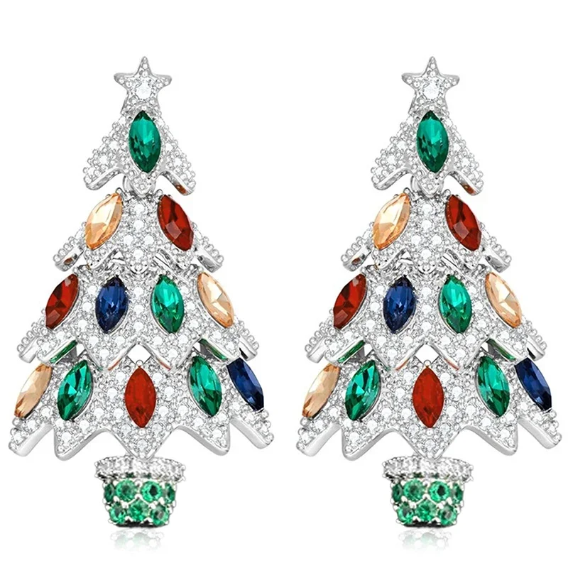 Huitan Mehrschichtige silberfarbene Weihnachtsbaum-Ohrringe mit bunten Zirkonia-Steinen, eleganter Schmuck für Damen, ideal für Festivals und Partys. – Detail 2