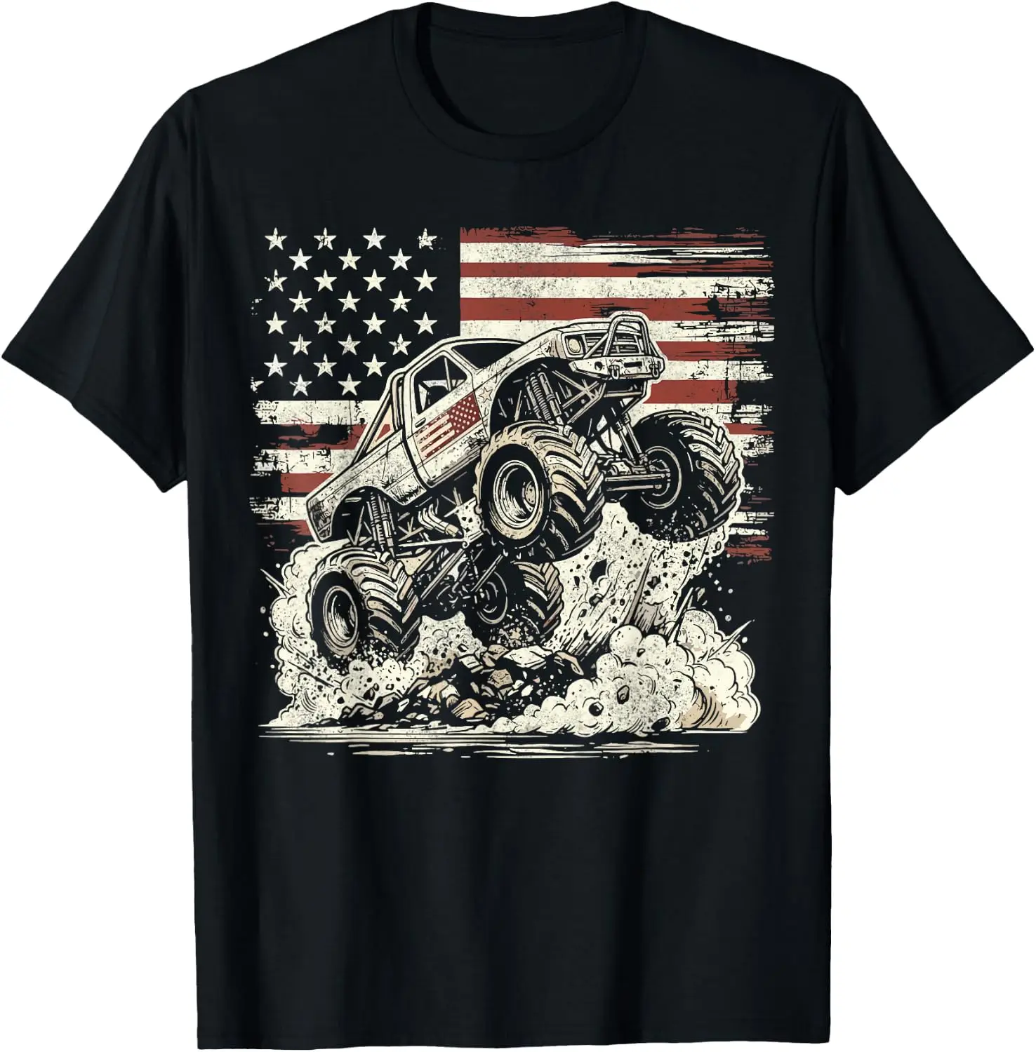 Monster Truck Retro Patriotic USA Flag T-Shirt 100% Cotton Trendy Y2K Short-Sleeve Tee-Soft, Quick-Drying, Moisture-Wicking;
