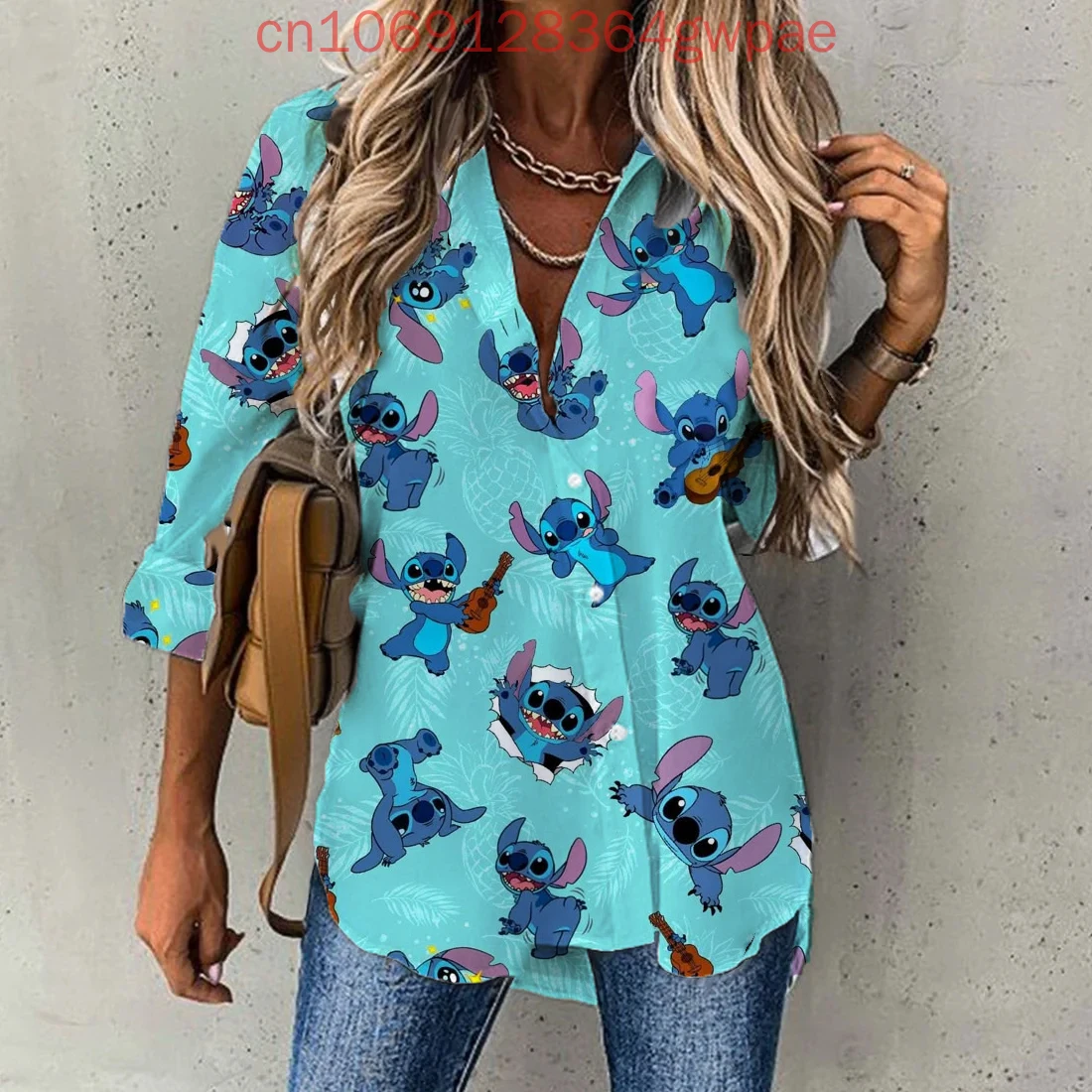 2025 Disney Stitch Casual blouse Dames shirt met lange mouwen Knopvest Elegant 3D Ademend Dames Hawaiiaanse shirts Tops