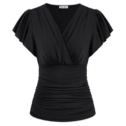 GK-Mulheres Ruched Slim Fit Casual Curto Flounce Manga V-Neck Top, Blusa Envoltório Elegante, Surplice, GK, A30