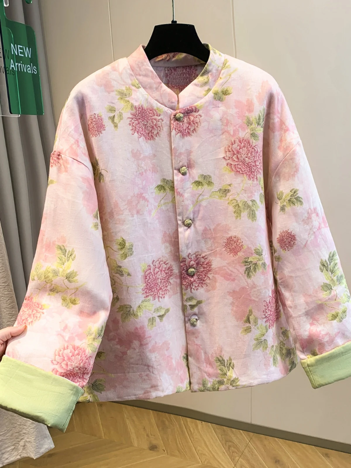

Retro Chinese Sle Women's Cotton Jaet Warmth Sandwich Cotton Outerwear Floral Print Button up Coat Long Sve Stand Collar