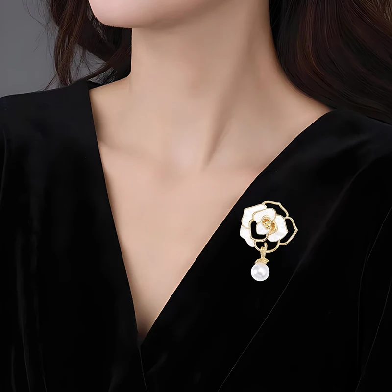 أنيقة أبيض أسود زهرة الكاميليا دبابيس دبابيس للنساء جميلة زهرة النبات خلع الملابس الملابس الصدار مجوهرات اكسسوارات #4