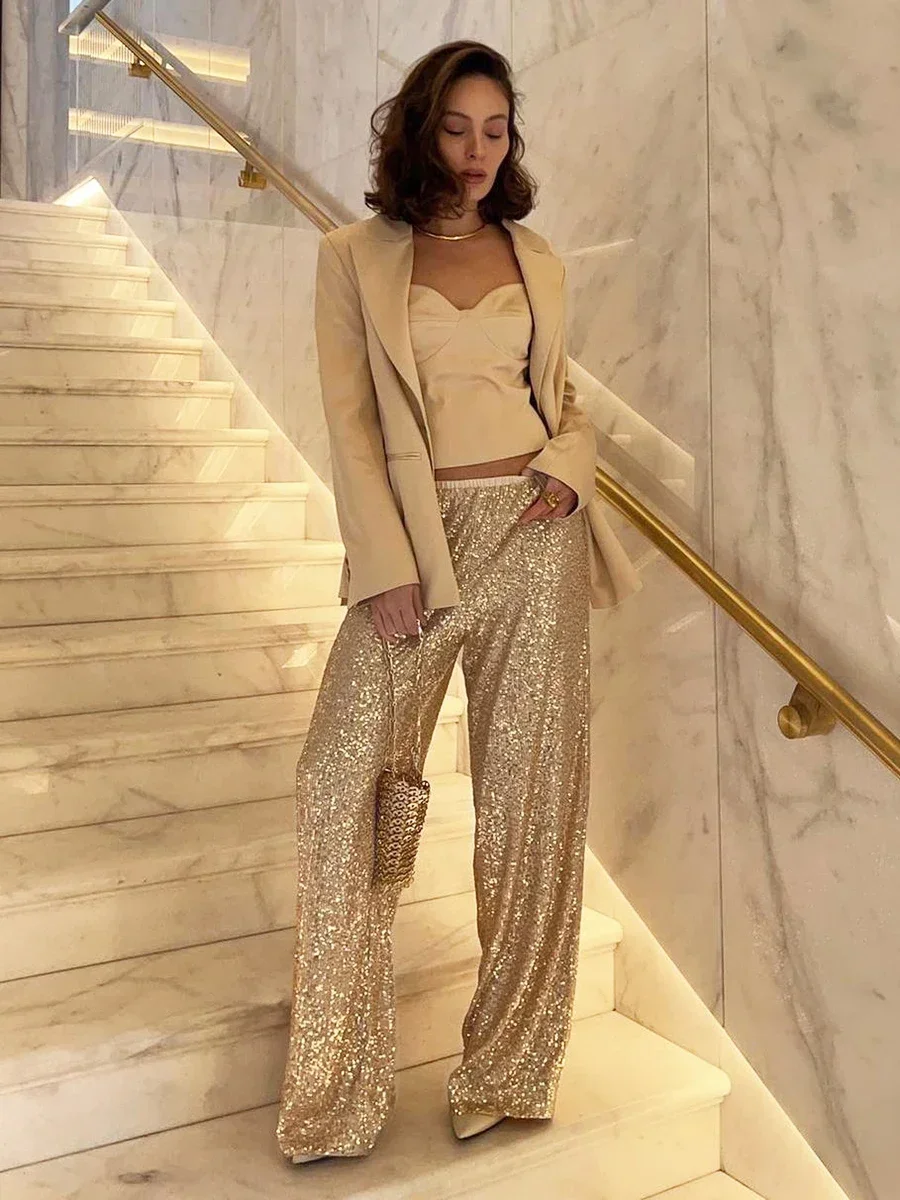 Wolfeel Elegant Silk Sequins Women Pants 2023 Midi Waist Loose Long Pants Streetwear Classic Trousers Fashion Female Clothing