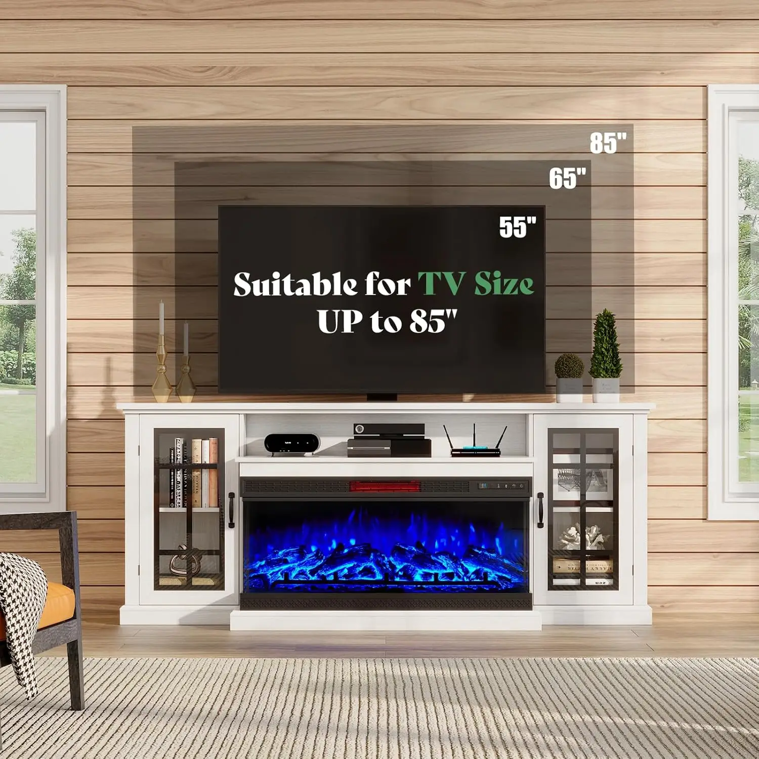 75in 3-Sided Glass Fireplace TV Stand for TVs up to 85", Rustic Media Entertainment Center Console Table with Glass Door Closed