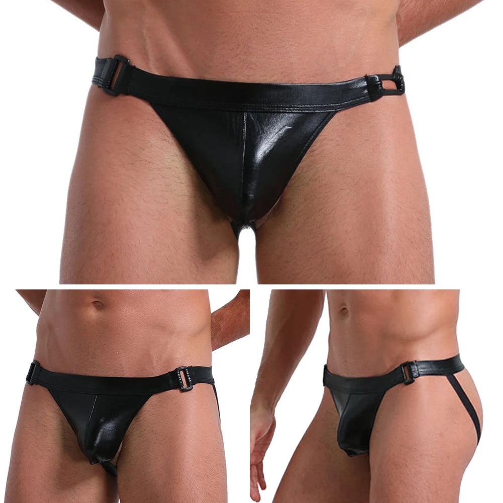 Adjustable Men Sexy Faux Leather Thong Jockstrap Gay Mens Underwear Wet Look G String Lingerie Buttocks Hollow Underpants