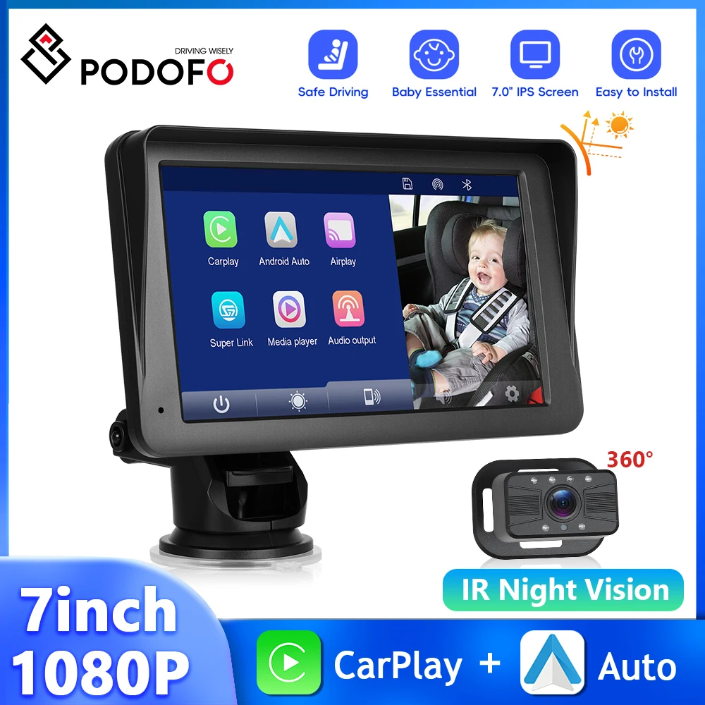 

Podofo 7-дюймовый IPS-экран Автомобильный монитор Радионяня CarPlay Android Автоматическая навигация AirPlay Android Cast Cam Смарт-плеер с экраном