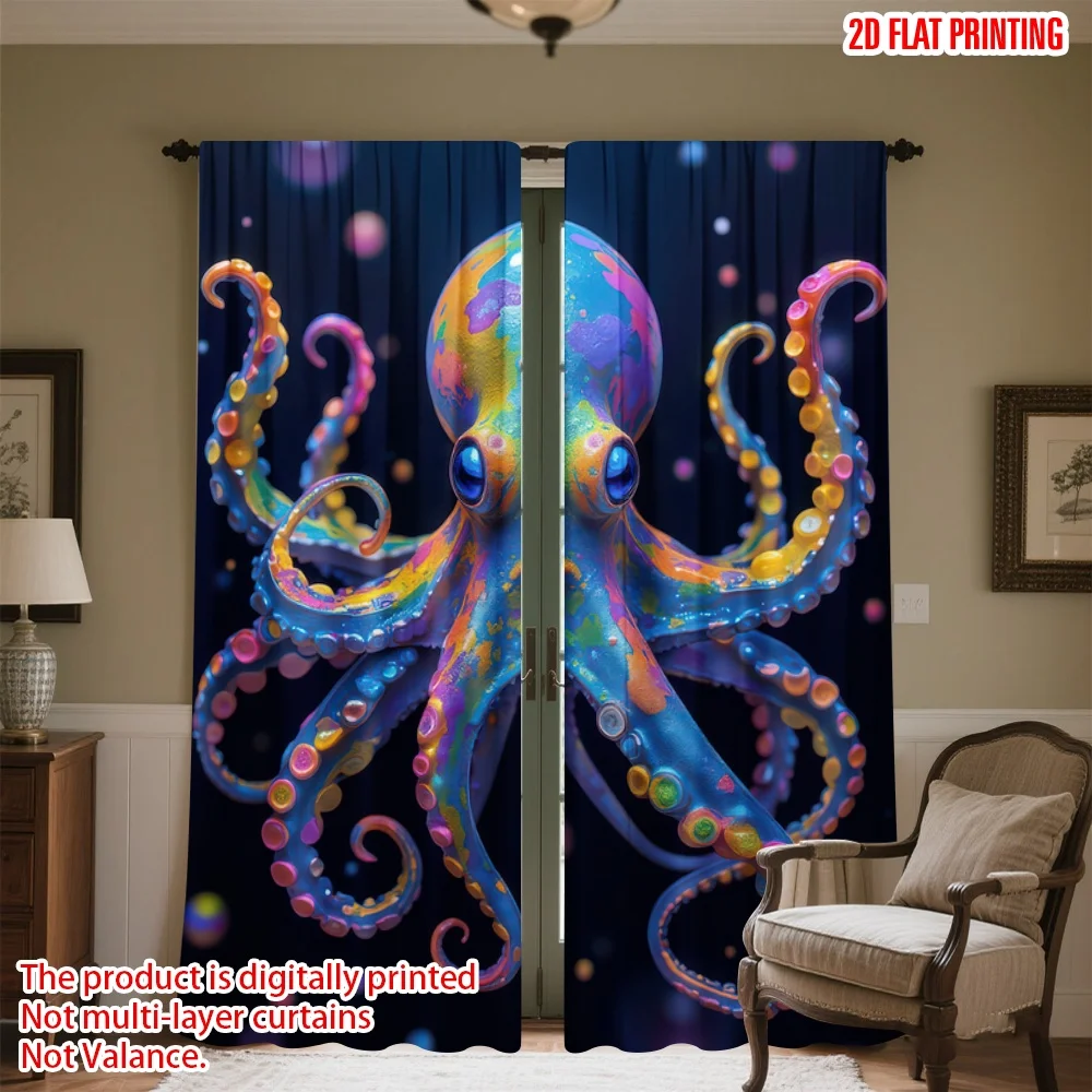 

2D flat printing 2pcs Drapes Colorful Vibrant Octopus(1) Digital Printed Polyester Drapes All Season Party & Holiday Decor Use
