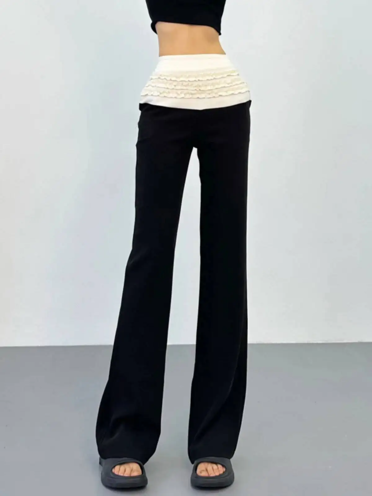 Ballet Style Lace Patchwork Suit Pants Women 2026 New Wave Waist Niche Design Sense Leisure Versatile Solid Long Pants CBHB