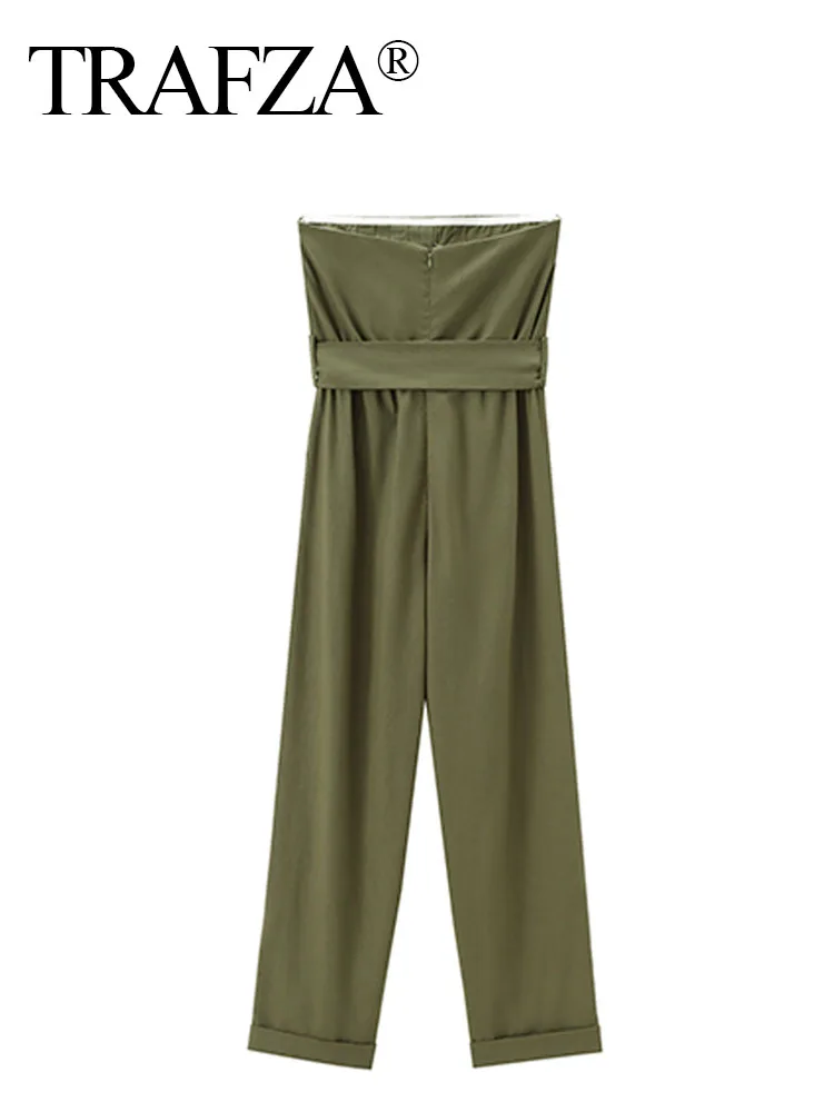 TRAFZA-mono verde militar sin mangas para mujer, pantalón largo ajustado con Espalda descubierta, bolsillos y cinturón, ropa de calle plisada, novedad de 2024