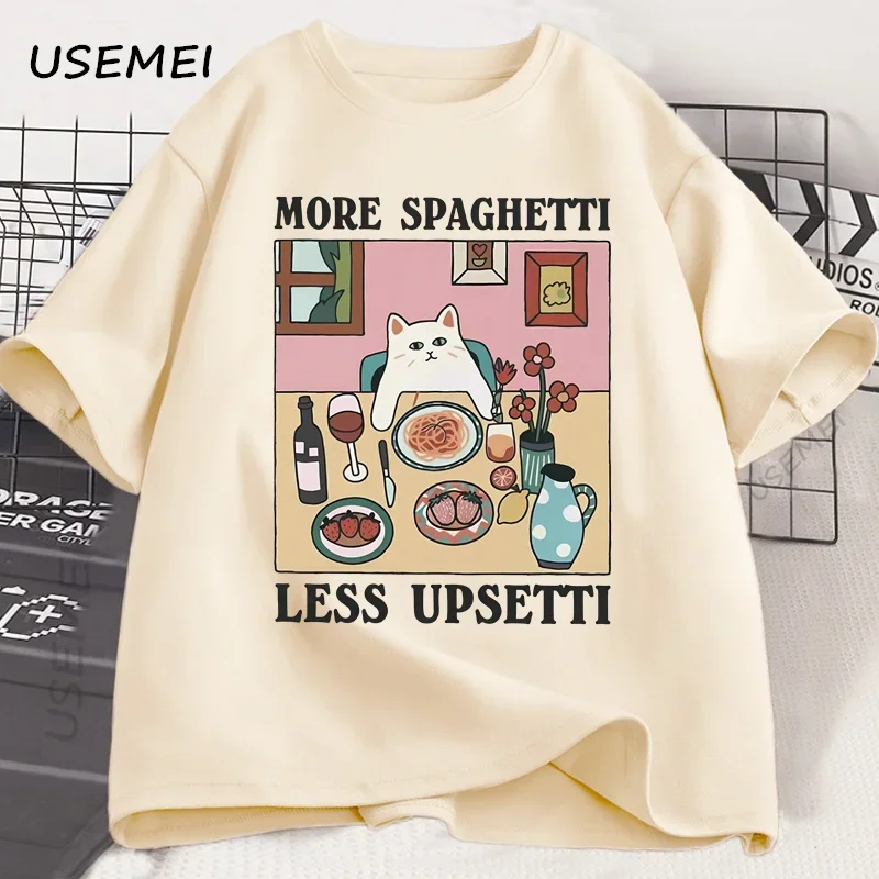 Meer Spaghetti Minder Upsetti Kat T-shirt Grappige Kat Minnaar Tee Voedsel Humor Grafische Top voor Mannen Vrouwen Casual Losse Katoenen Print Tee