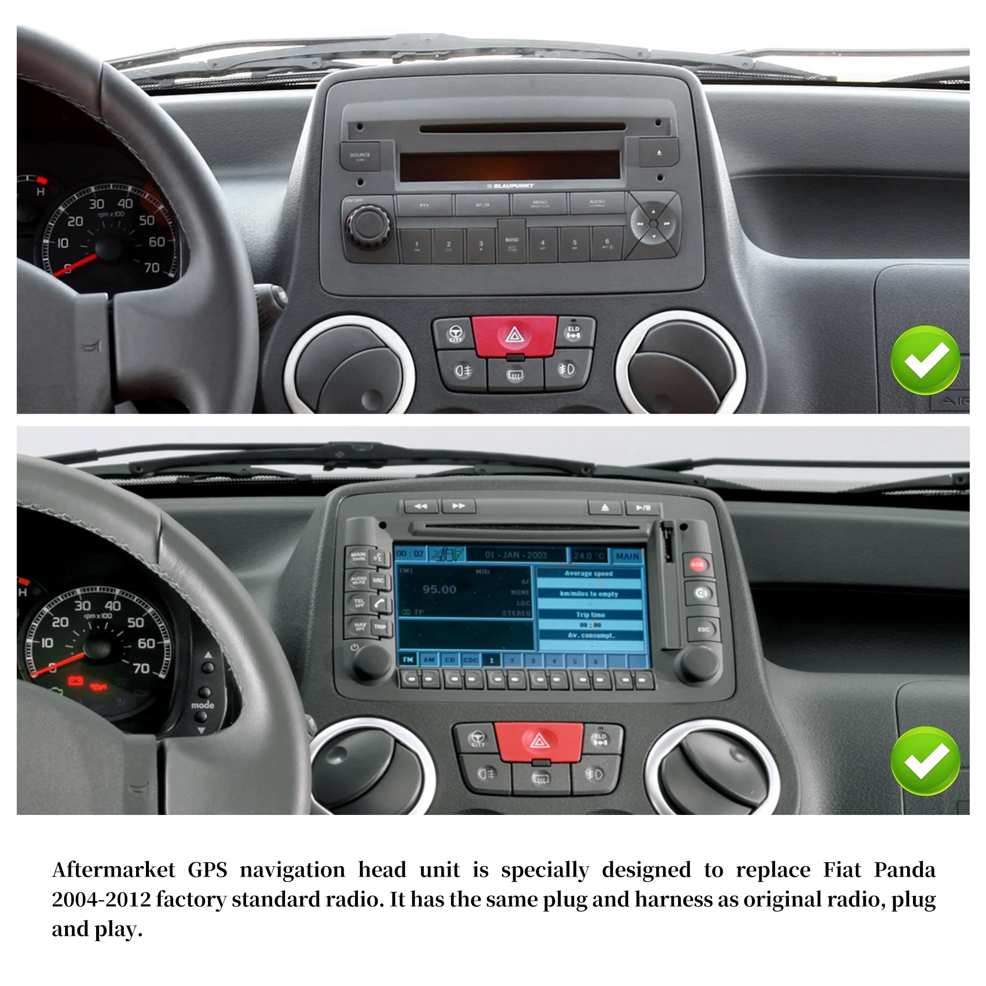 1 din Android 14 touch screen car radio for Fiat Panda 2003-2012 GPS navigation Bluetooth Wireless CarPlay backup camera no DVD