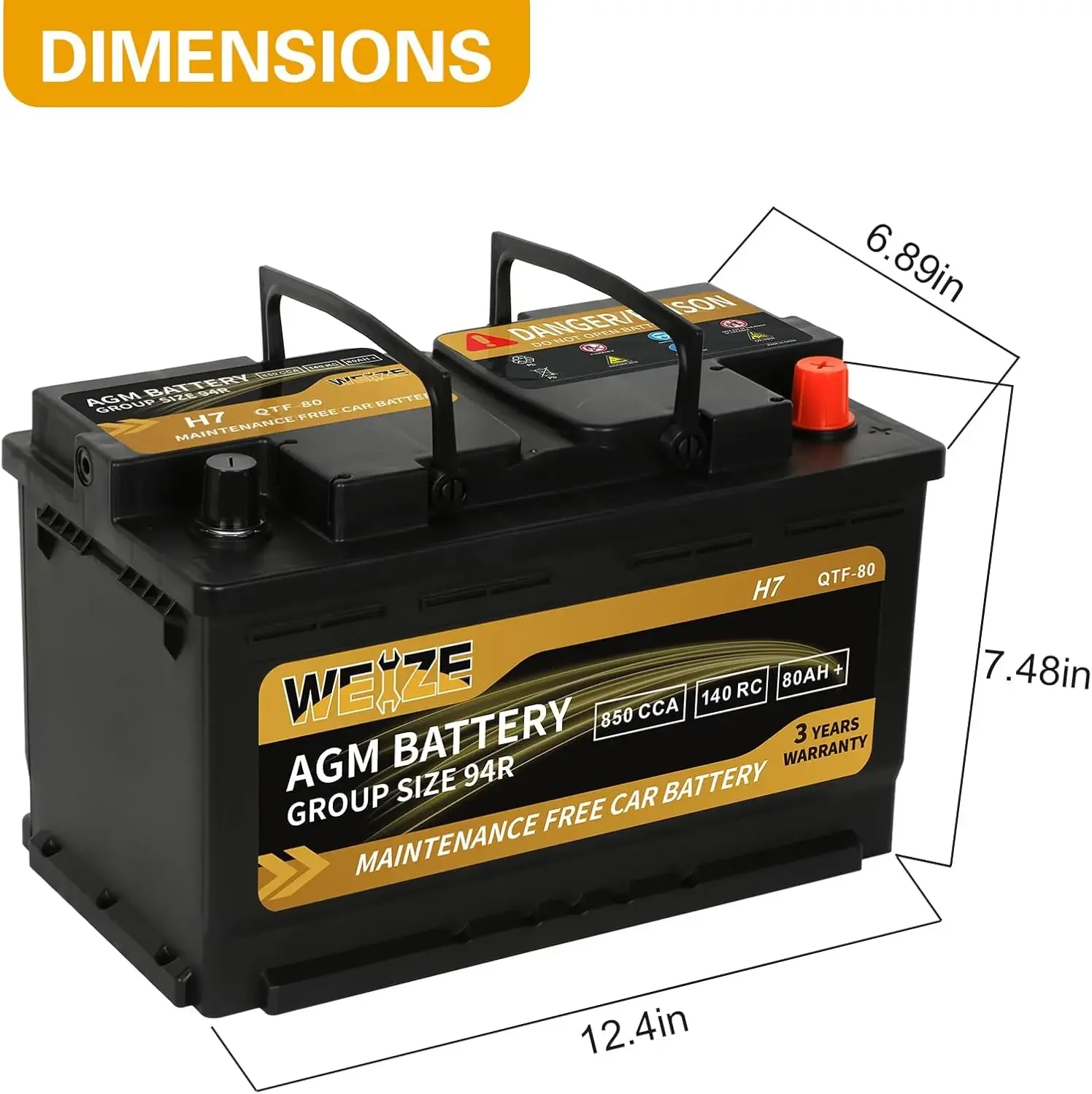 Platinum AGM Battery BCI Group 94R - 12v 80ah H7 Size 94R Automotive Battery, 140RC, 850CCA, 36 Months Warranty