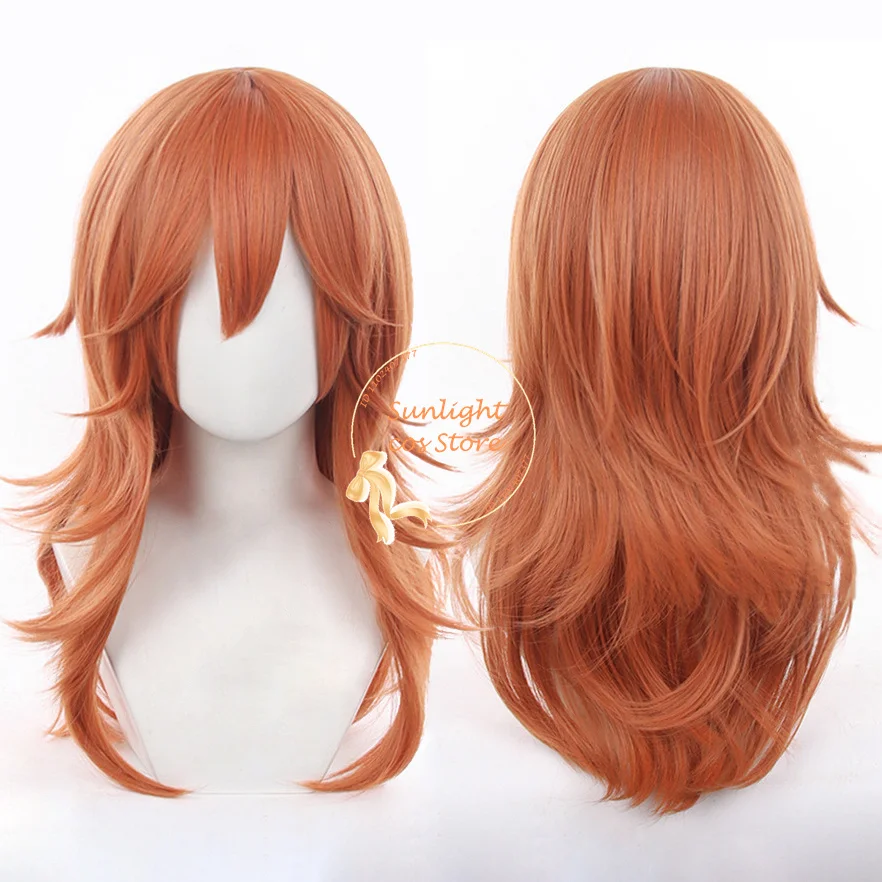 Angel Devil Cosplay Wig Long Orange Brown Curly Women Anime Cosplay Wig Heat Resistant Synthetic Hair Halloween Wigs + Wig Cap