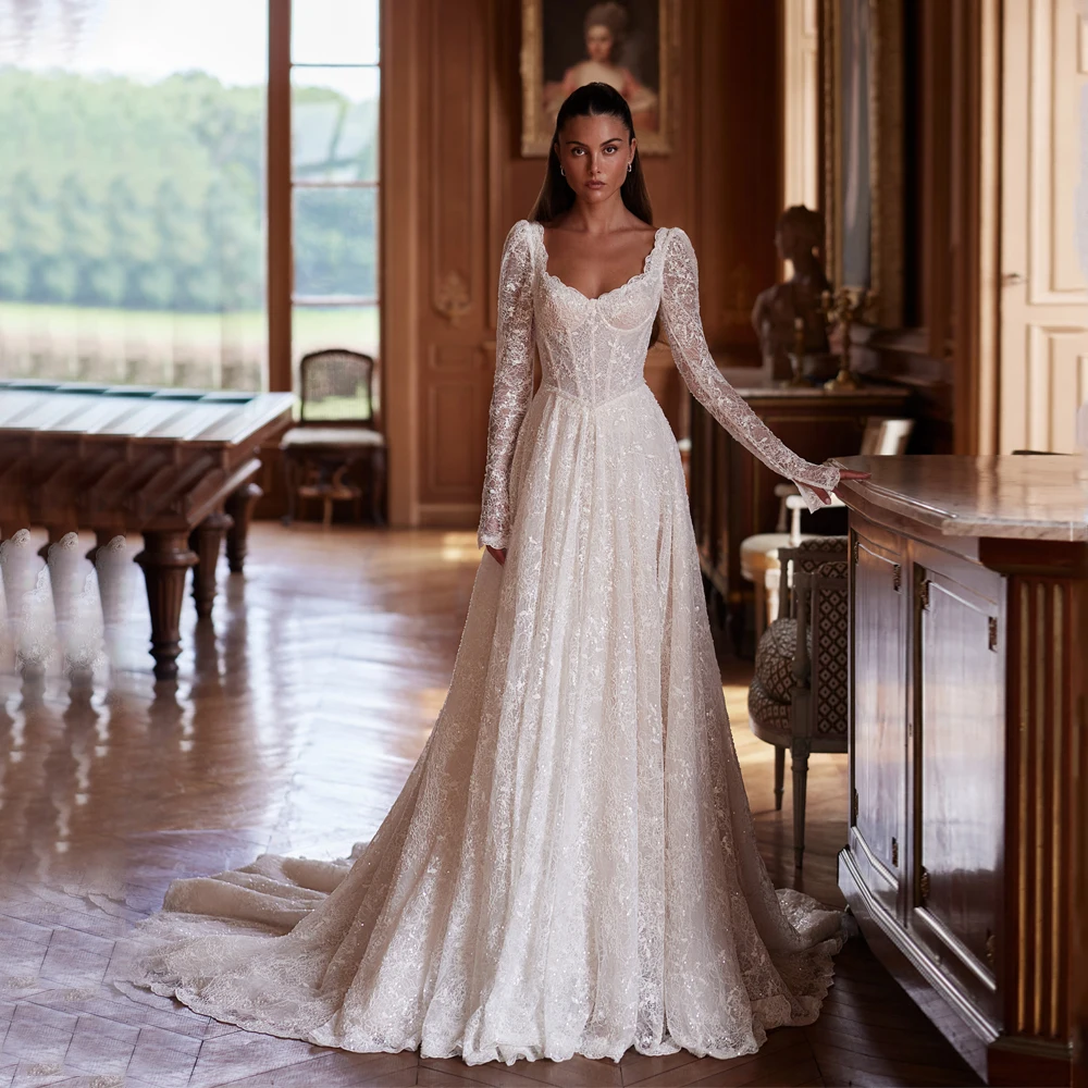 

Beaded Sweetheart Luxury Wedding Dresses Women Long Sleeve Backless Exquisite Bride Gowns vestido de novia boda Customized