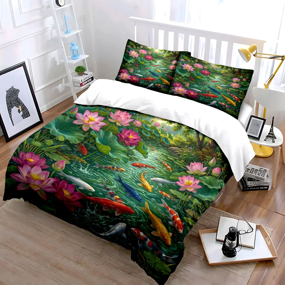Koi fish swimming in lotus pond Print Bedding Set 1 Duvet Cover 2 Pillowcases for Adult and Children Luxury Gift Full Size