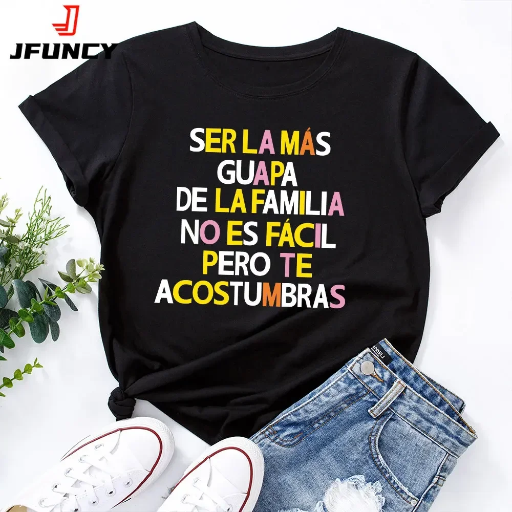 Camiseta de manga curta feminina, estampa simples espanhola, tops femininos de harajuku, camiseta feminina de algodão, verão, 2022