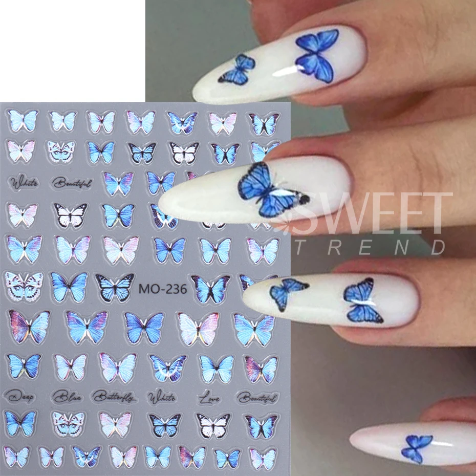 5D Blue Butterfly Nail Sticker Fashion Kawaii Butterfly Self-Adhesive Manicure Decal Slider DIY Nail Supplies Charms Decorations