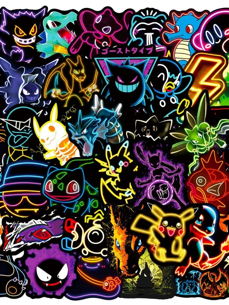 50pcs Anime néon Pokemon autocollants Pikachu dessin animé décalcomanies étanche bricolage téléphone Skateboard ordinateur portable Cool mignon autocollant pour enfants jouet