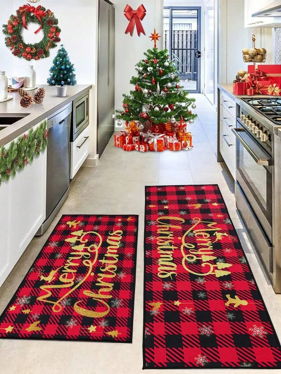 VIKAMA 2-teiliges rot kariertes Frohe-Weihnachtsteppich-Set, schmutzabweisend und pflegeleicht, Küchenmatte, Flurläufer für Heimdekoration