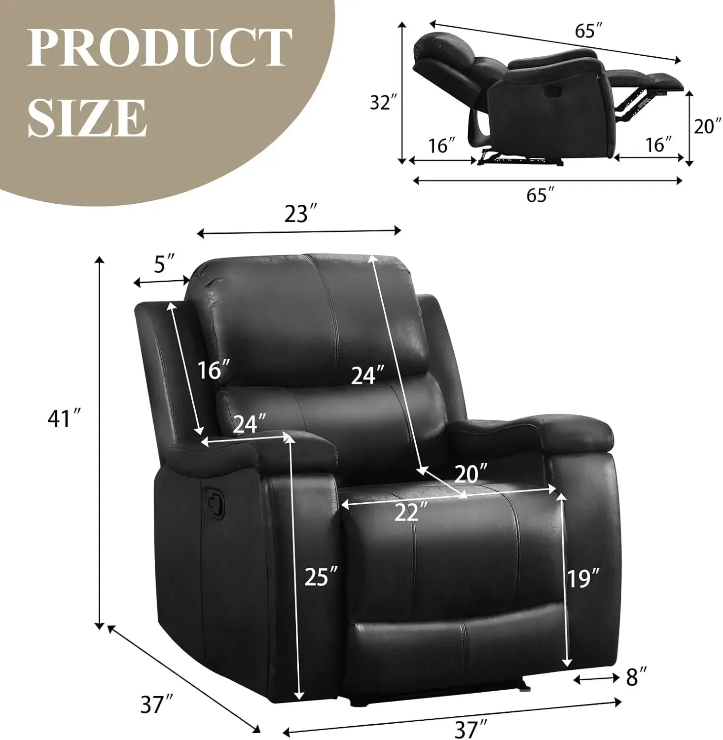 Black Manual Faux Leather Recliner Chair Overstuffed Back Arms Concealed Cup Holders Single Sofa
