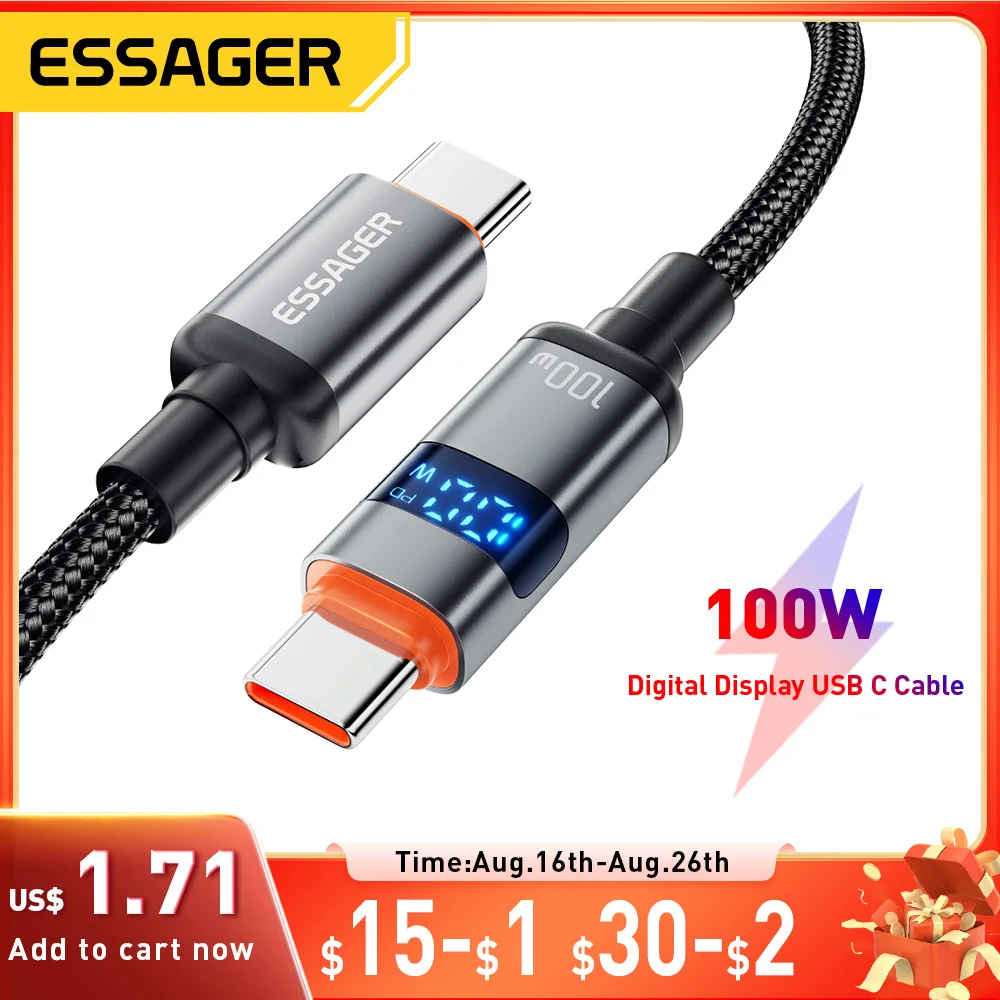 Essager digital dispaly usb tipo c para cabo usb c para huawei mate60 100w cabo de fio carregador de carregamento rápido para macbook pro xiaomi