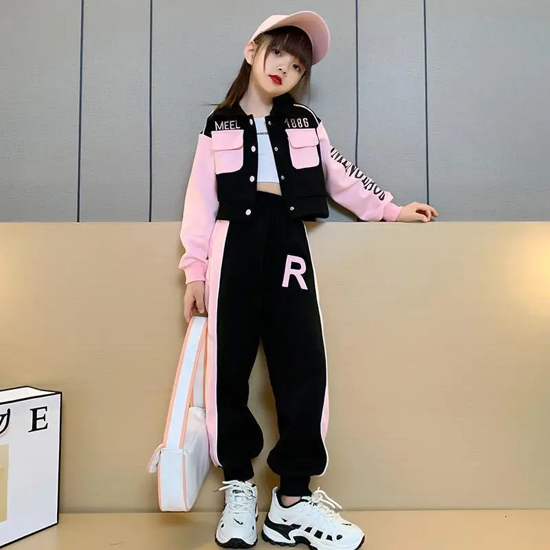 Junior Girls Baseball Suit Spring and Autumn Clothing Kids Fashion Splicing Lapel Jacket Casual Long Pants 2 Pcs Sweatshirt3-15Y