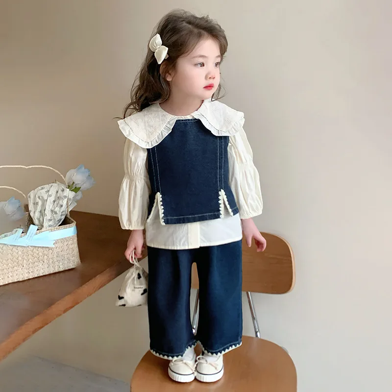 Girls Korean Denim Outfit Set 2026 Spring New, Stylish Princess 3 Piece Suit For Baby Kids Girls for 90-140cm