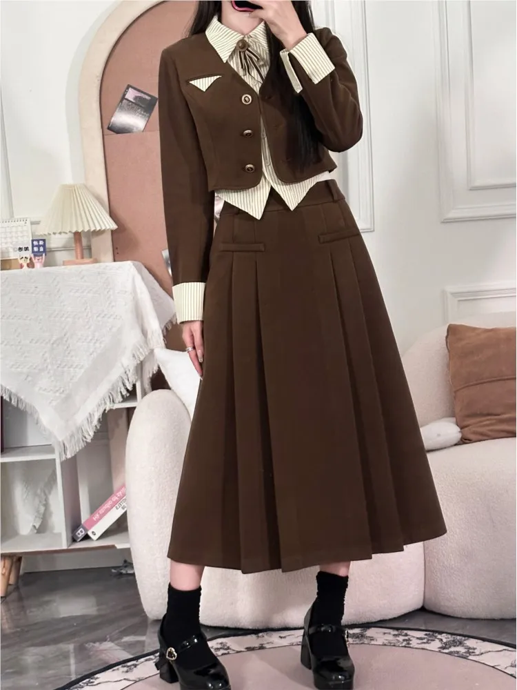 Korean New Vintage Women Skirt Suits Fashion Lady Long Sleeve Blazer Top Casual Pleats A-line Skirt 2023 Y2k Solid 2 Pieces Set